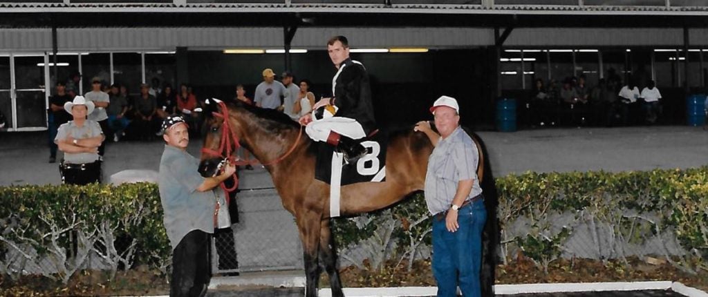 Picture of our horse Geisha Moon Bug after winning a maiden claiming race.