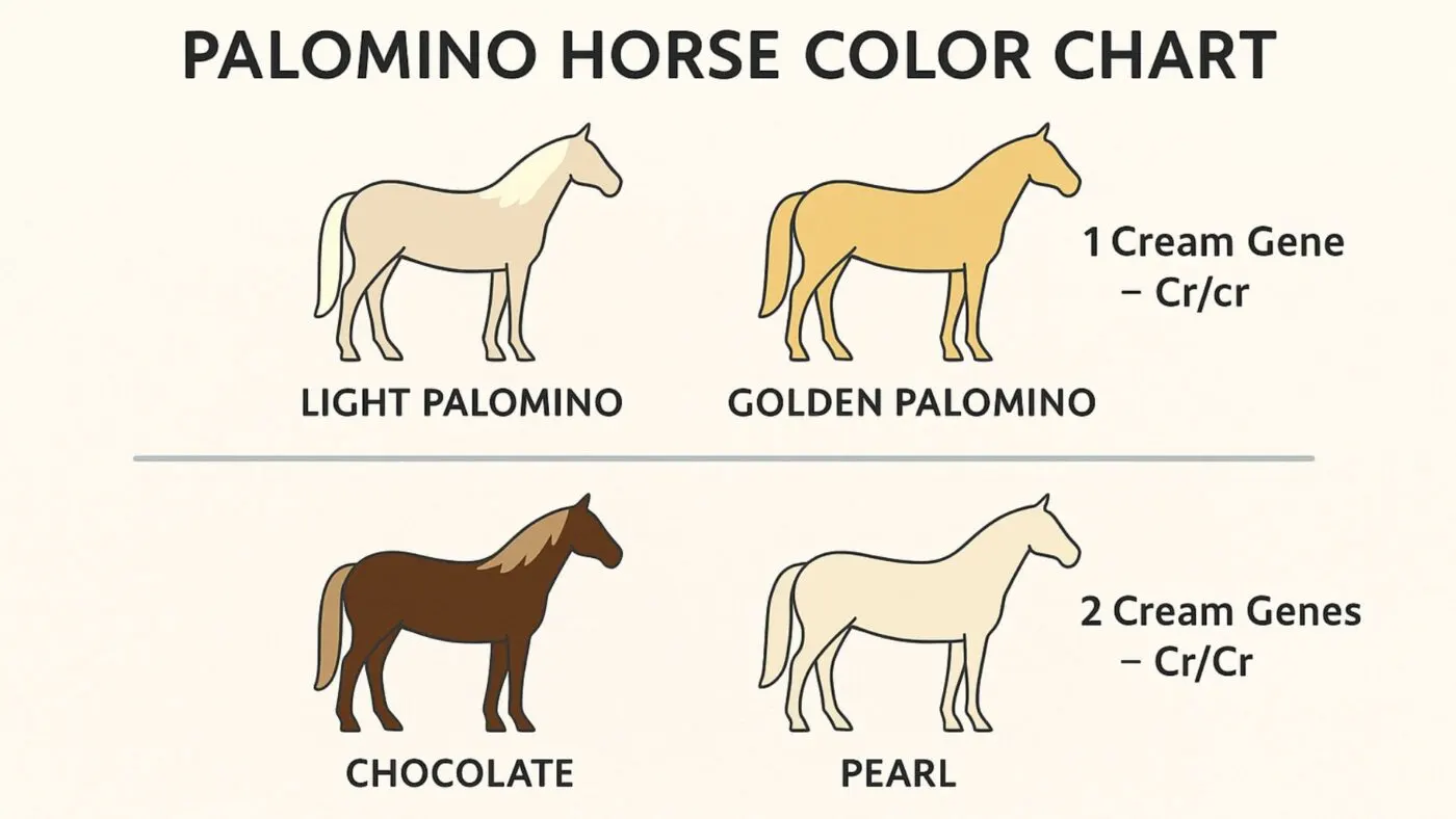 Palomino Horse Color Chart showing light, golden, chocolate, and pearl shades for identifying palomino coat color variations.