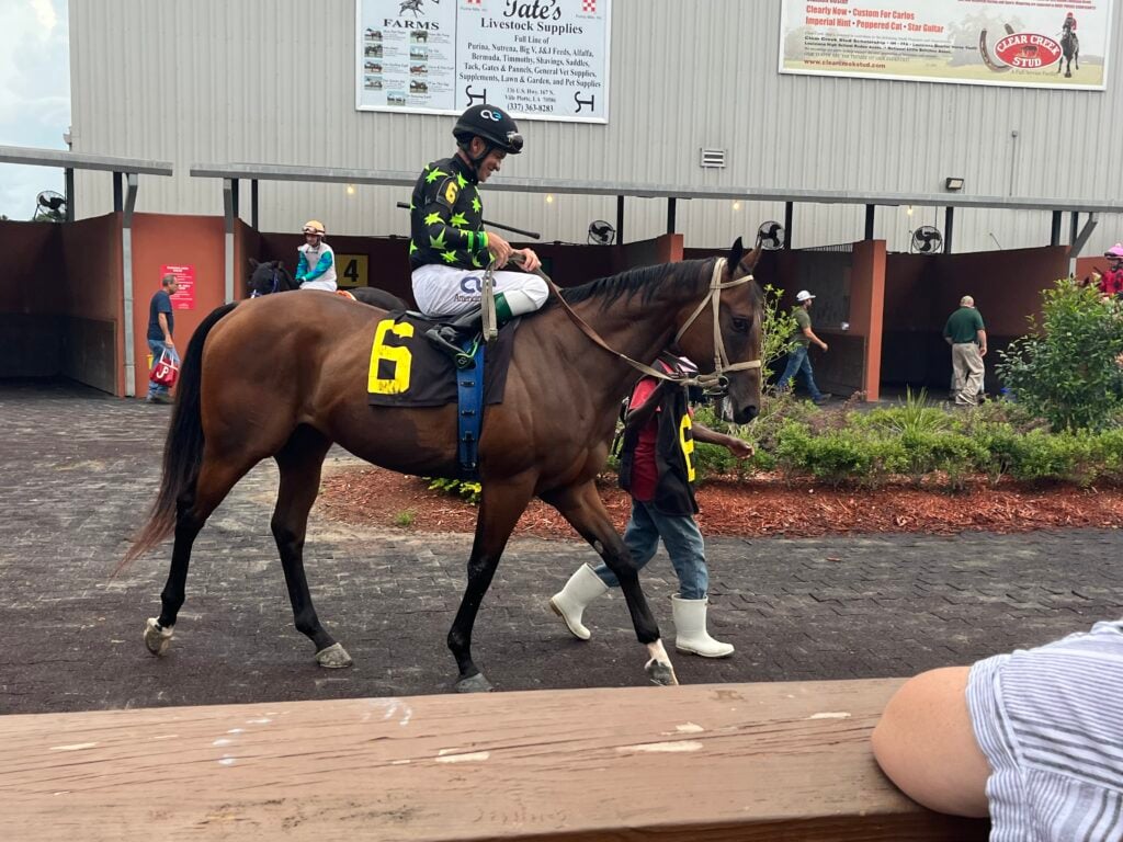 Jockey mounted on my horse at Evangeline downs paddock. 