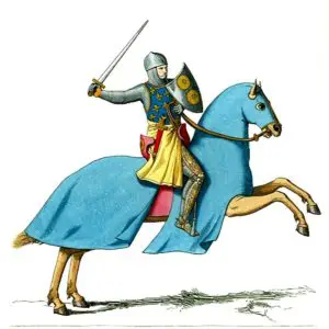 Painting of a knight riding a destrier horse 