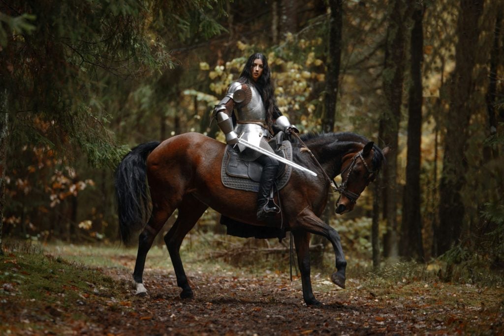 Picture of a knight in armor riding a horse.