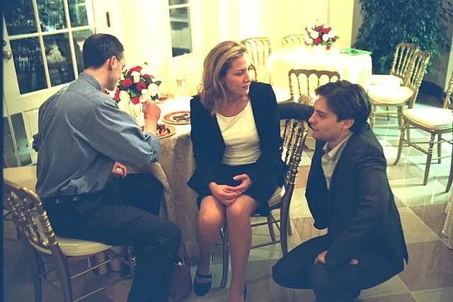 Picture of the Author of Seabiscuit with the actor Toby McGuire.