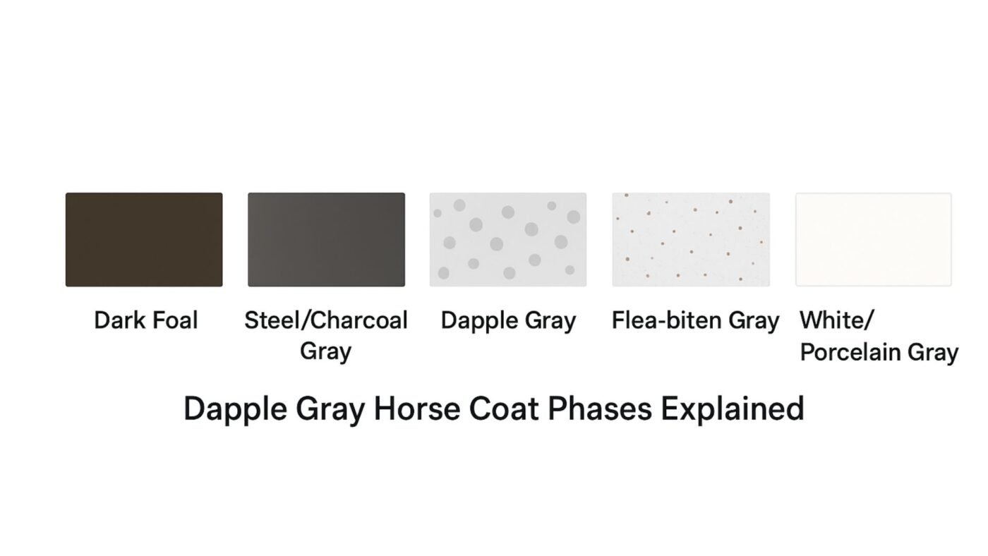 Dapple Gray Horses: Ultimate Guide to Genetics, Care & Health Dapple Gray Horse Coat Phases Explained – from dark brown foal to porcelain white.