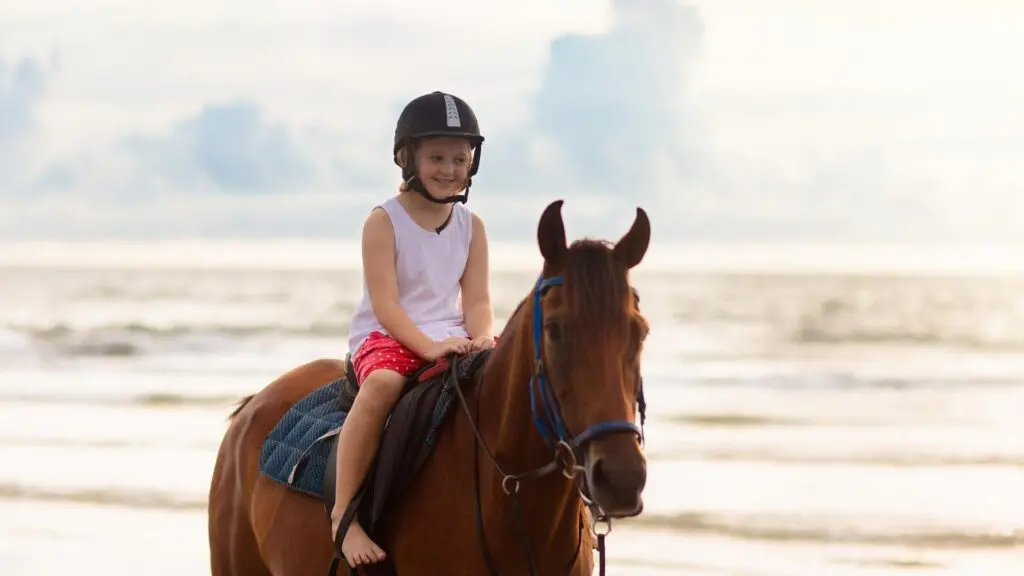Picture of a young riding her horse and wearing a helmet,