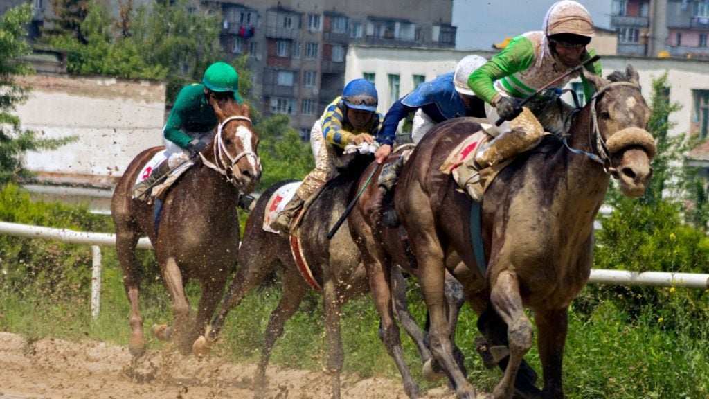 泥だらけのトラックで実行されている競走馬の写真,