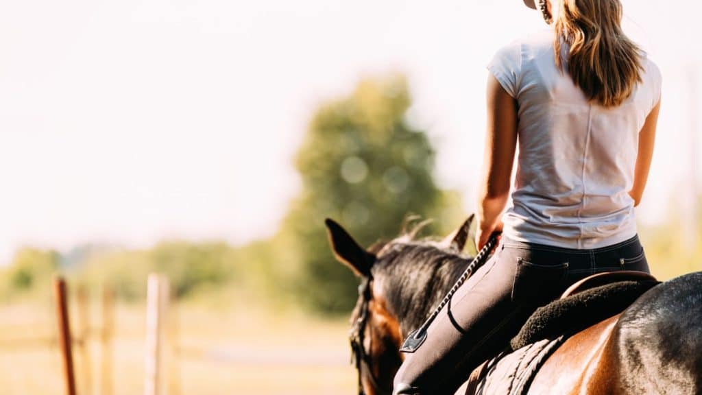 Picture of a woman sitting on a horse her form display that horseback riding is exercise.,