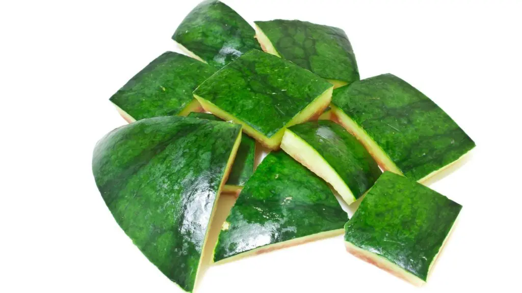 Picture of cut up watermelon rinds for horse treats. 