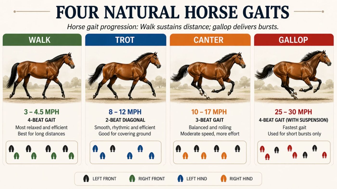 How long does it take a horse to travel 20 miles at different gaits. Four natural horse gaits diagram: walk, trot, canter, gallop