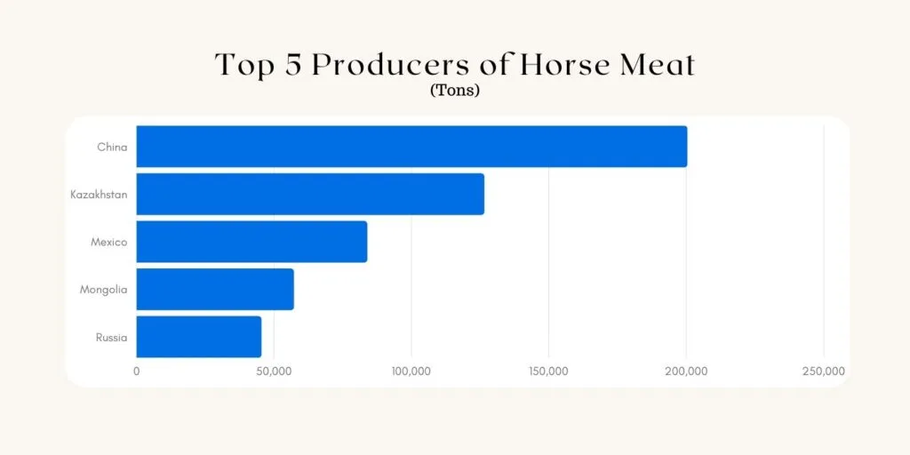 Chart showing the amount of horse meat processed by the 5 top horse meat producing countries.