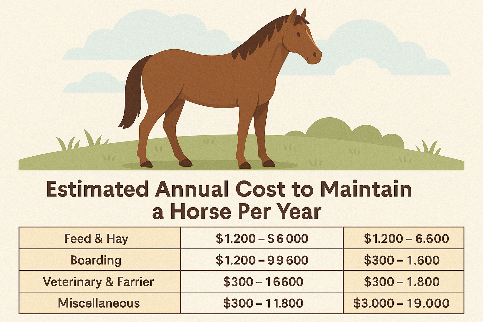 Owning a Horse: Ongoing Expenses Explained. Infographic showing the average annual cost to maintain a horse, including expenses for feed, hay, veterinary care, farrier services, and emergency funds.