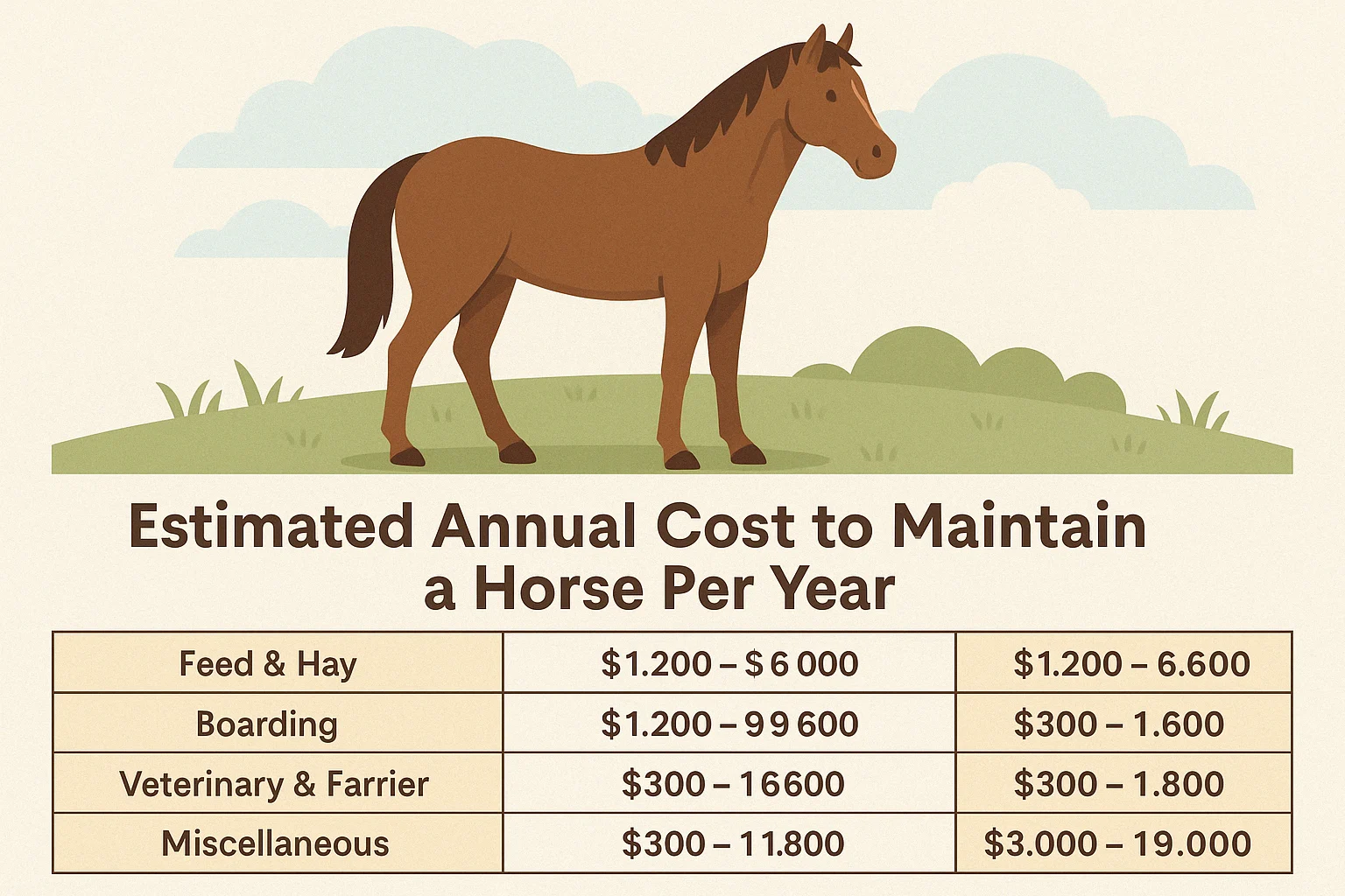 Infographic showing the average annual cost to maintain a horse, including expenses for feed, hay, veterinary care, farrier services, and emergency funds.