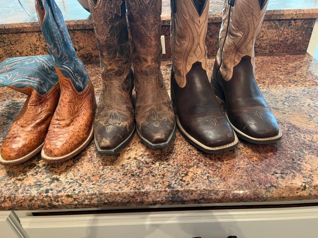 Picture of cowboy boots with different style toes.