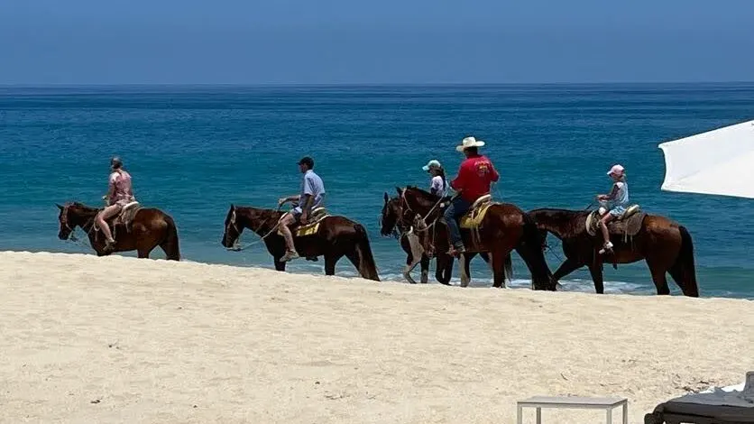 People riding horses on the beach.