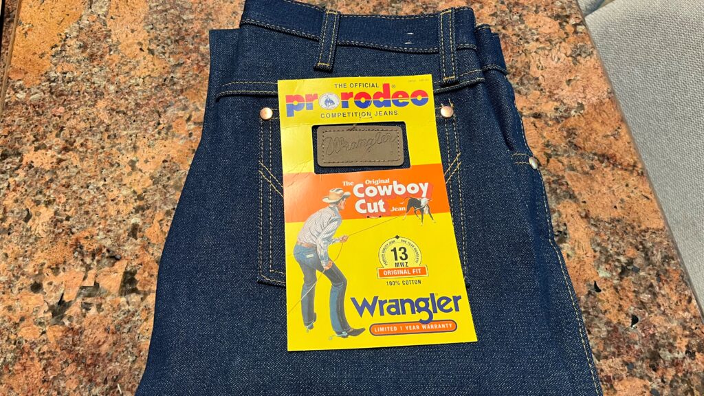 Picture of a new pair of Wrangler jeans.