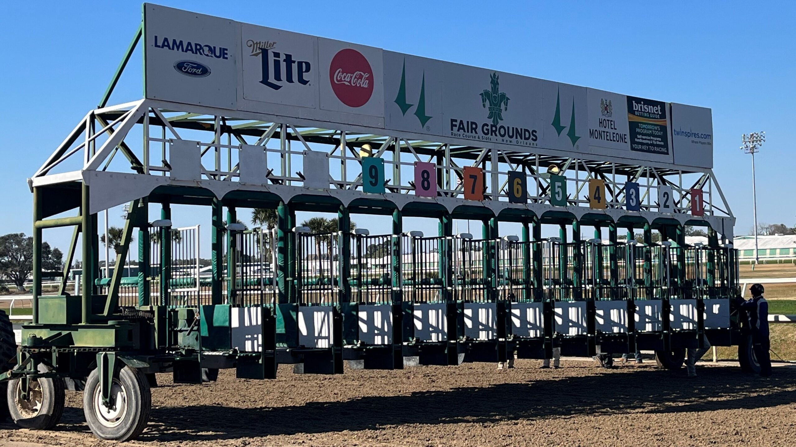 Picture of horse racing starting gates.