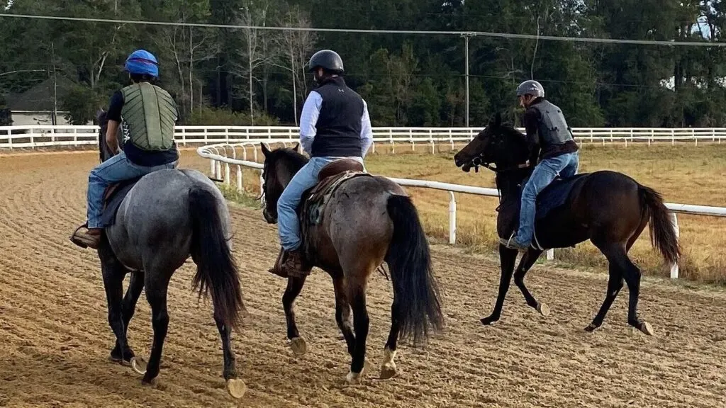 Picture of three horseback riders on a training track. 