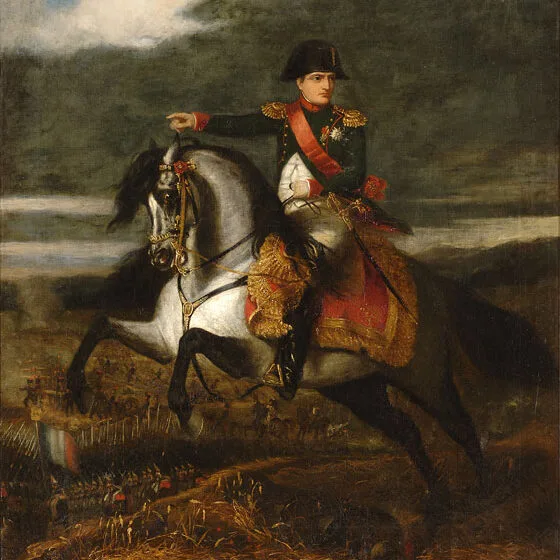 Napoleon Bonaparte riding Arabian stallion Marengo in battle