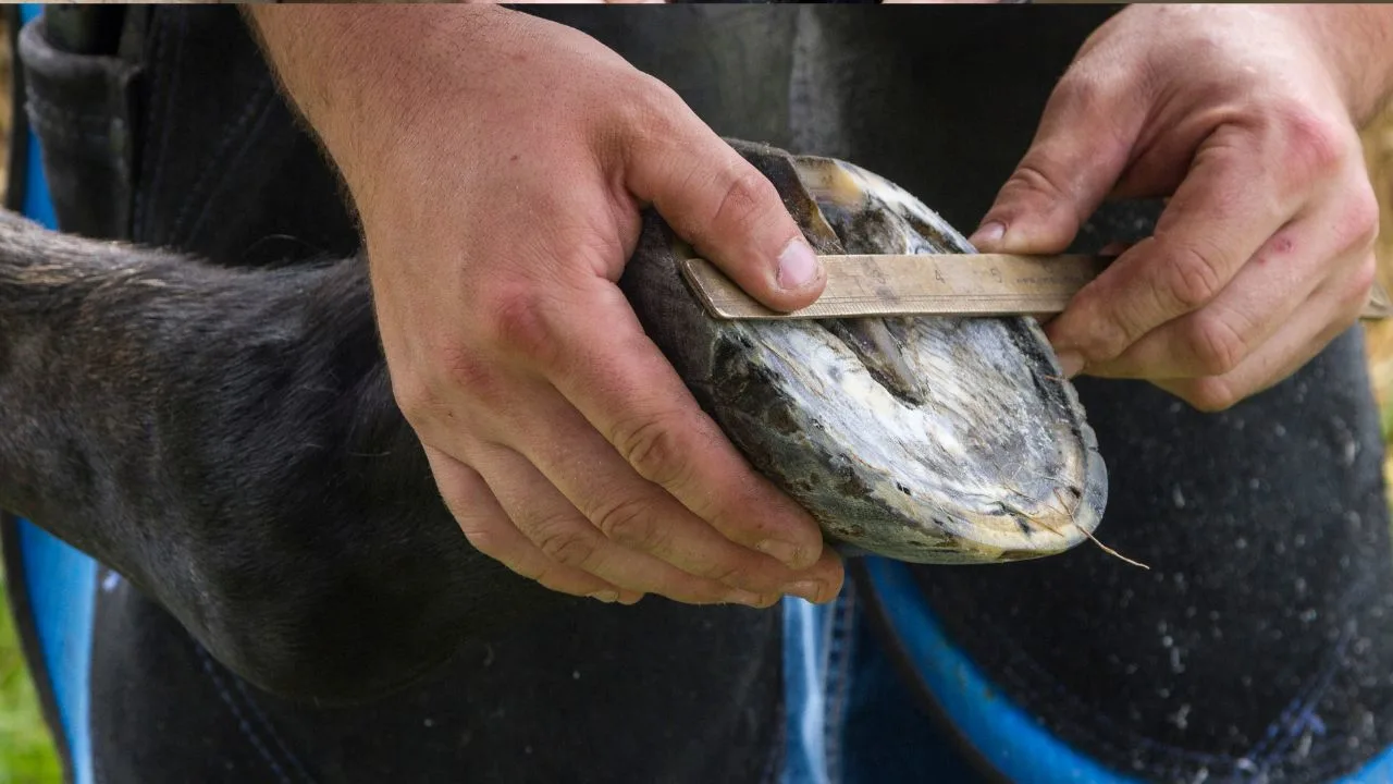 Farrier fitting horseshoe to prevent lameness in horses through proper weight distribution