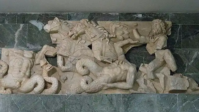 The god Poseidon in an ancient depiction in a chariot drawn by gray horses, symbolizing divine power.