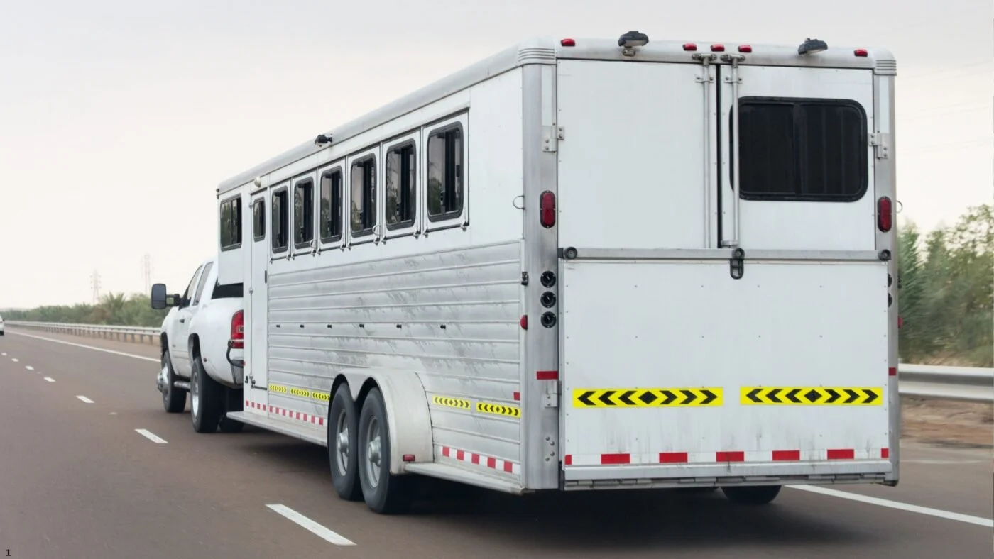 Clean horse trailer heading down the highway demonstrating proper maintenance.