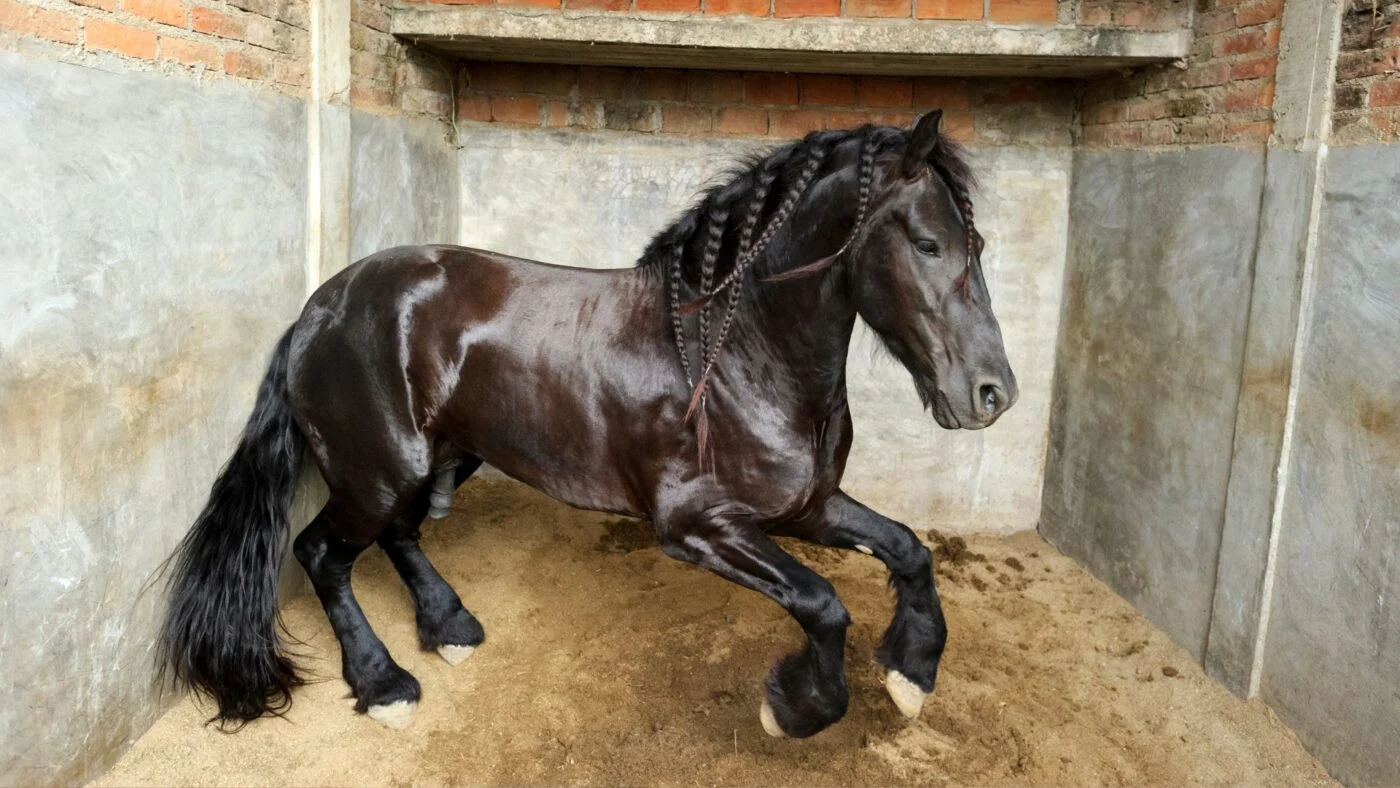 Restless horse pawing the ground in a stable, showing signs of discomfort.