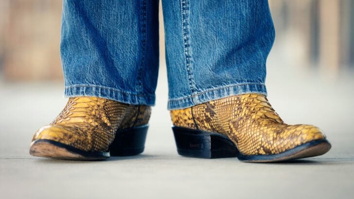 Snakeskin cowboy boots with intricate rattlesnake patterns