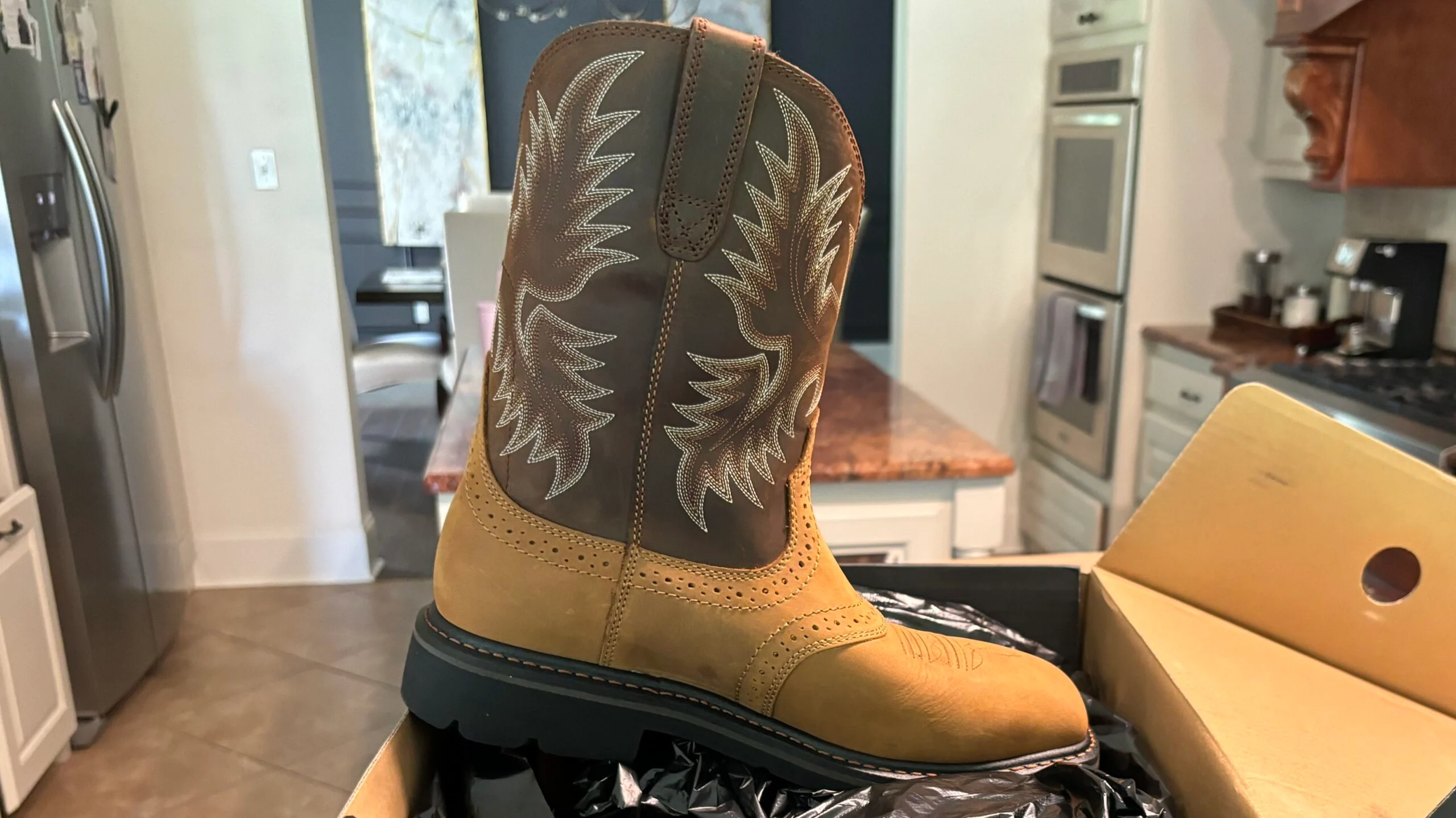 Ariat Sierra Steel Toe Boots brand new out of the box, showing leather quality and build before first use