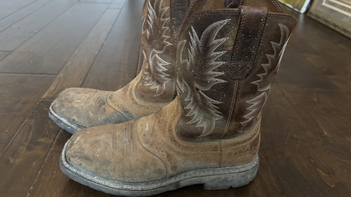 Ariat Sierra Steel Toe boots after 18 months of daily farm work — showing real-world wear on the outsole and upper