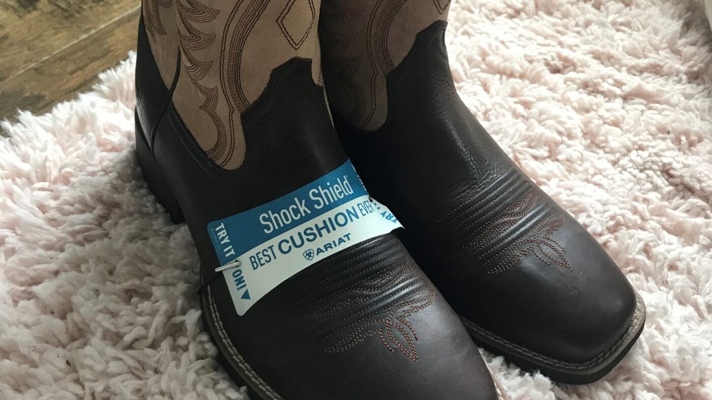 New Ariat Amos boots ready for break-in &mdash; example used in this guide on how to break in leather cowboy boots
