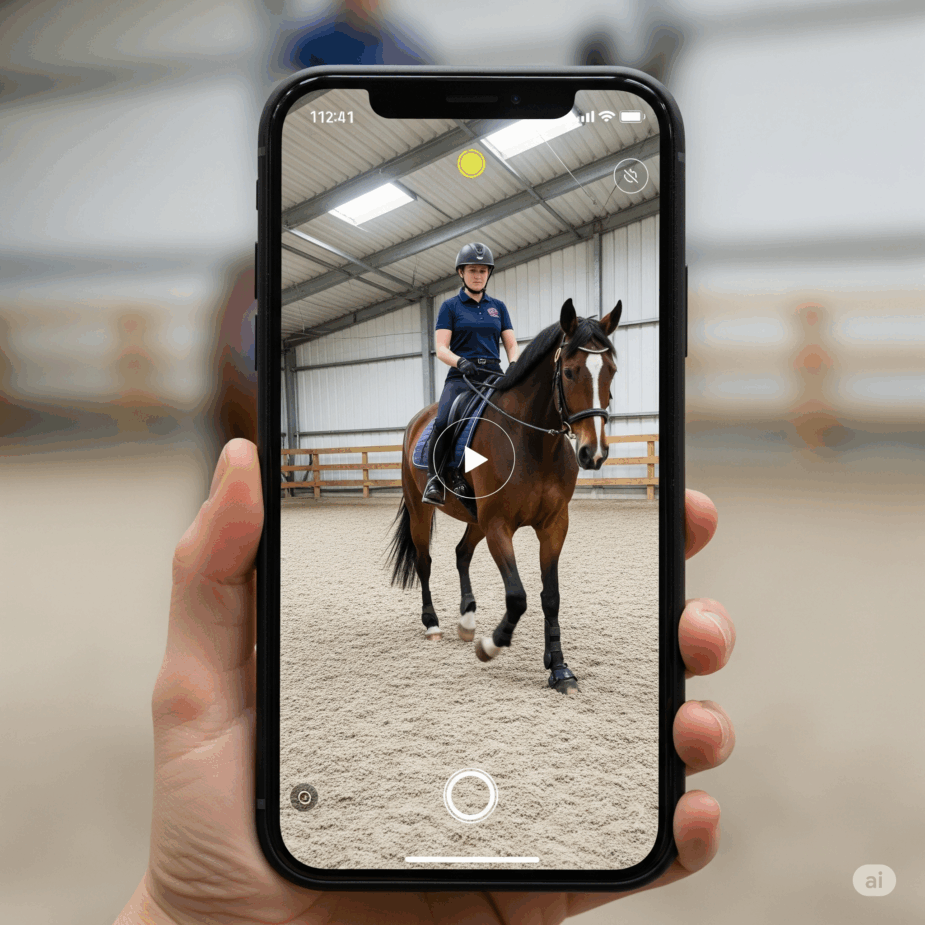 How AI Detects Lameness in Horses Before It’s Too Late A smartphone filming a horse for gait analysis. The image emphasizes the simplicity and accessibility of video-based AI lameness detection.