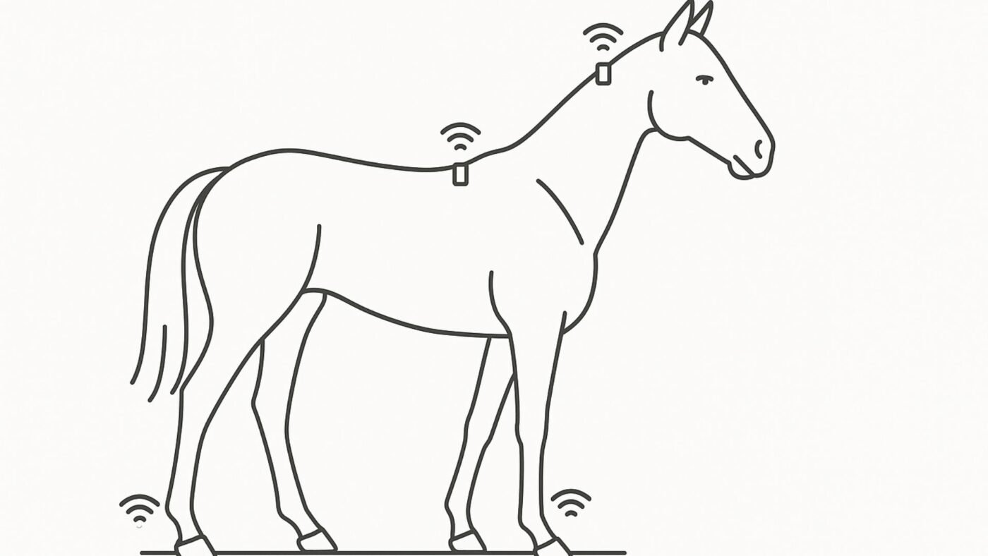 How AI Detects Lameness in Horses Before It’s Too Late Diagram of a horse with small, labeled IMU sensors placed on its poll, withers, sacrum, and lower limbs, demonstrating sensor-based gait analysis for lameness detection.