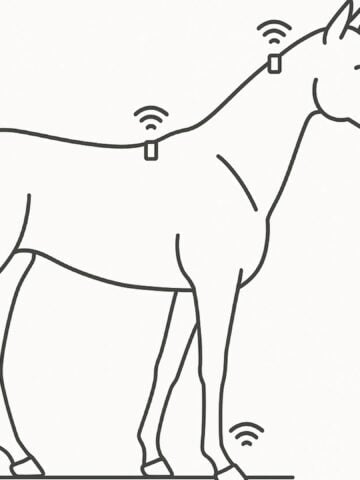 Diagram of a horse with small, labeled IMU sensors placed on its poll, withers, sacrum, and lower limbs, demonstrating sensor-based gait analysis for lameness detection.