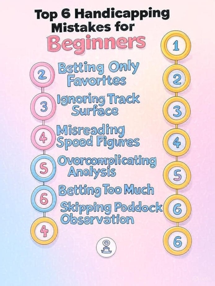 Horse Racing Handicapping: Smart Betting Tips for Beginners Cartoon infographic illustrating common horse racing handicapping mistakes for beginners.