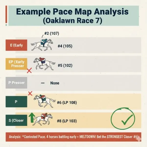 Visual pace map illustrating early speed, pressers, and closers for handicapping race setups.