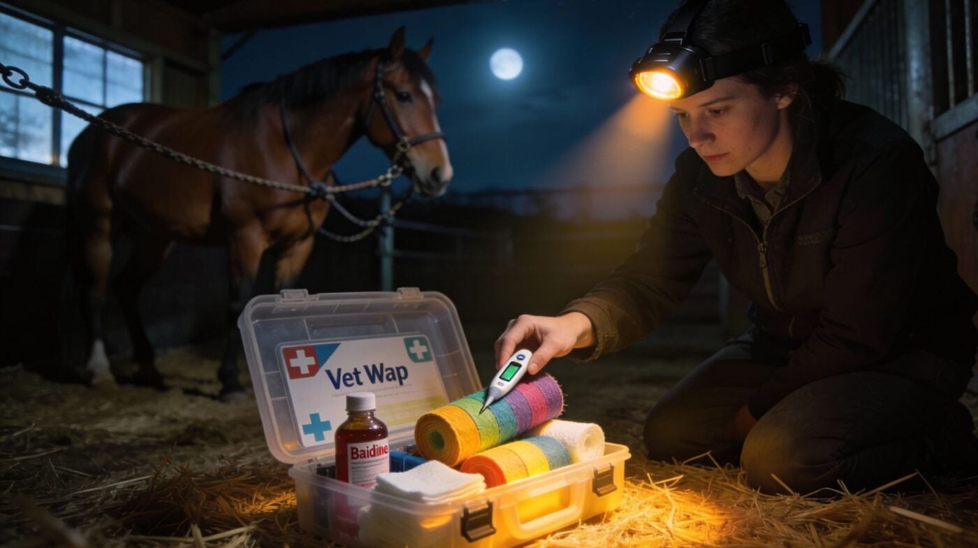 Person wearing headlamp accessing horse first aid kit in dimly lit barn stall during night emergency