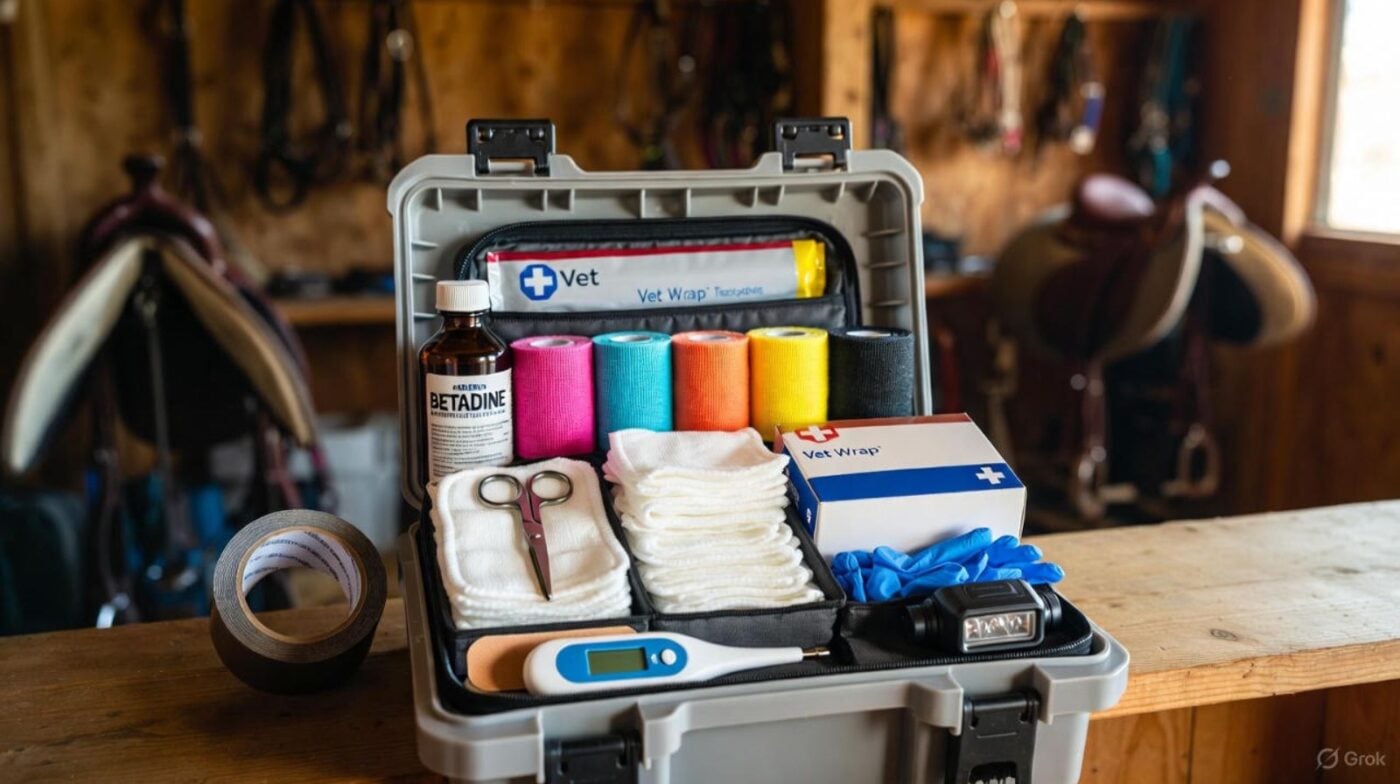 Complete horse emergency first aid kit with thermometer, gauze, antiseptic, and veterinary supplies for barn preparedness