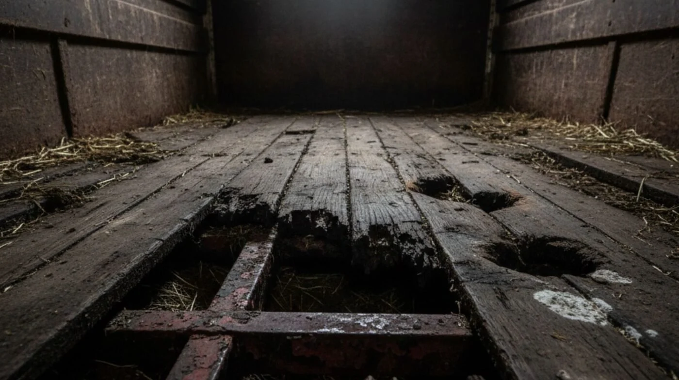 Severe wood rot on the floorboards of a used horse trailer, indicating a dangerous structural failure.