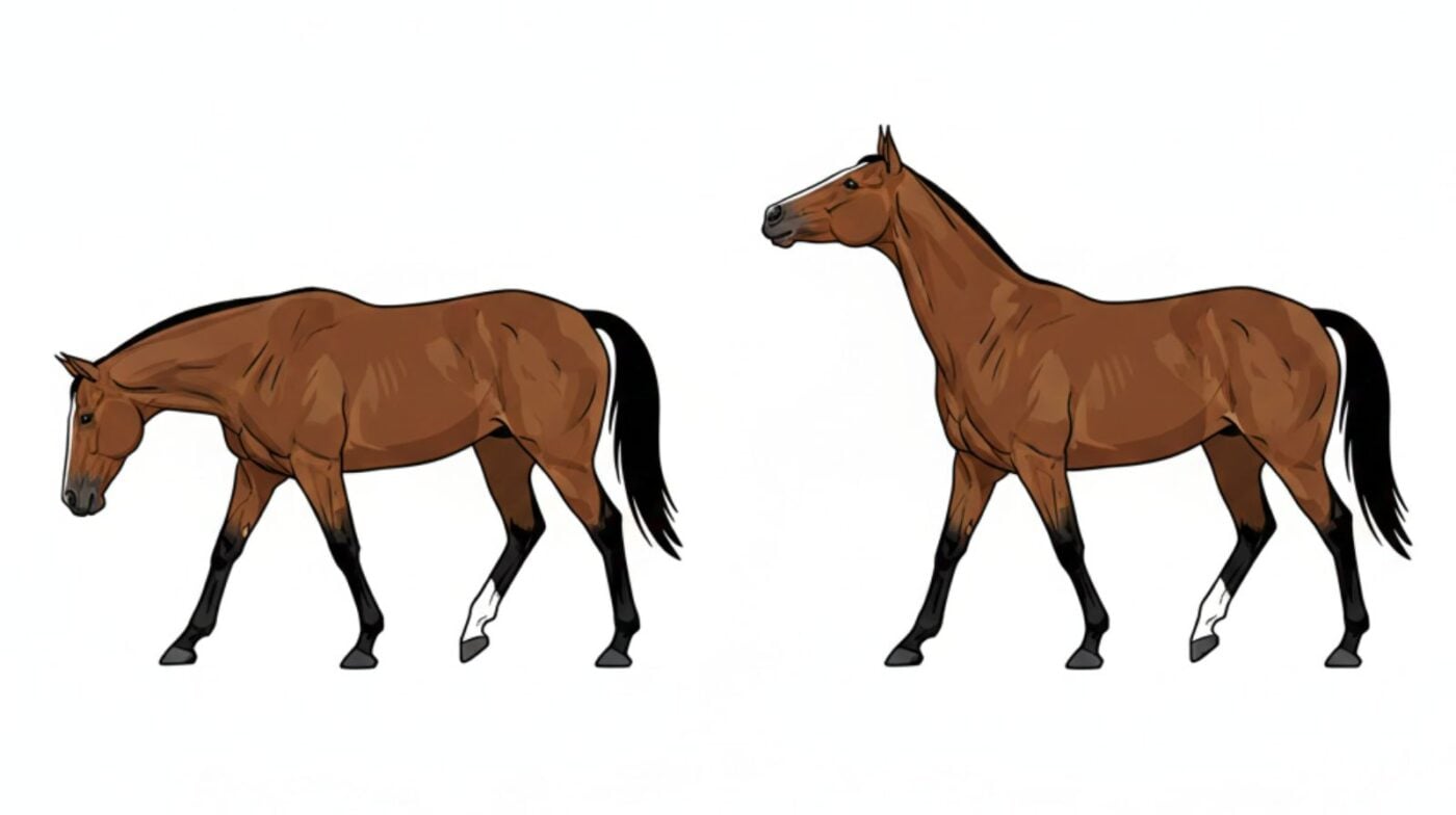 Split-screen illustration of horse head bobbing showing sound vs sore leg patterns.