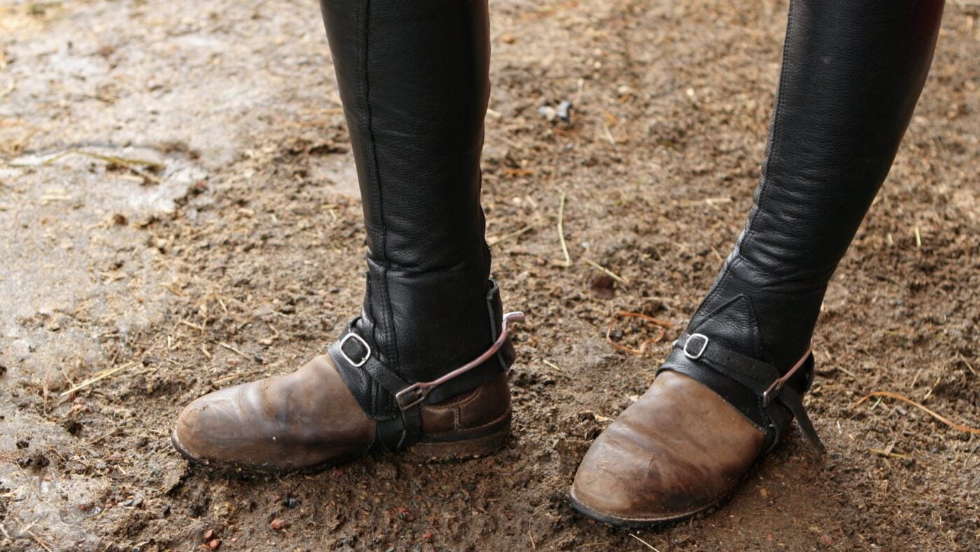 Close-up of well-worn half chaps and paddock boots showing years of barn use