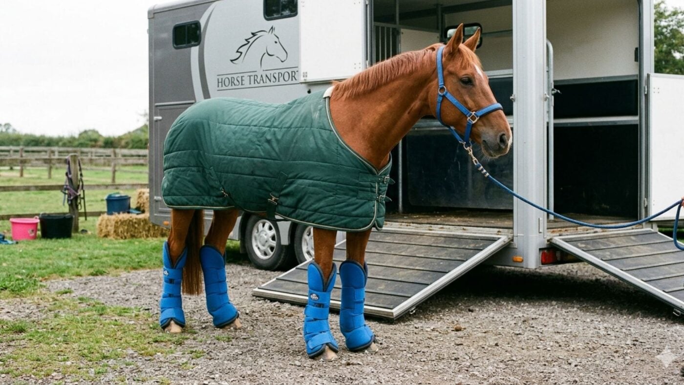 Horse shipping boots on a horse standing outside a trailer