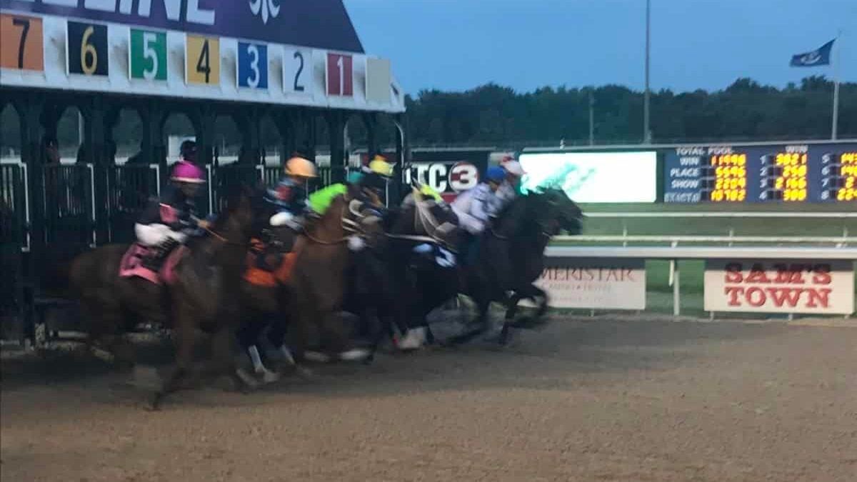 Thoroughbreds breaking from the starting gate in an allowance race at Evangeling Downs in South Louisiana
