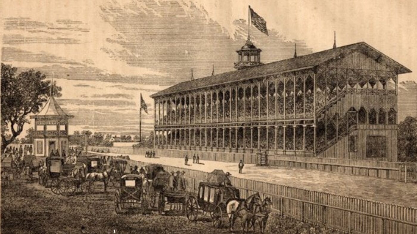 Historic 1873 print of Fair Grounds Race Course in New Orleans &mdash; the oldest continuously operating Thoroughbred track in the United States, open since 1838