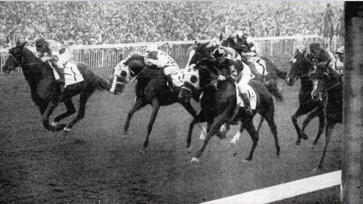1950 Compton Handicap finish at Santa Anita Park in Arcadia, California &mdash; home of the Santa Anita Handicap and one of the most visually striking racetracks in America