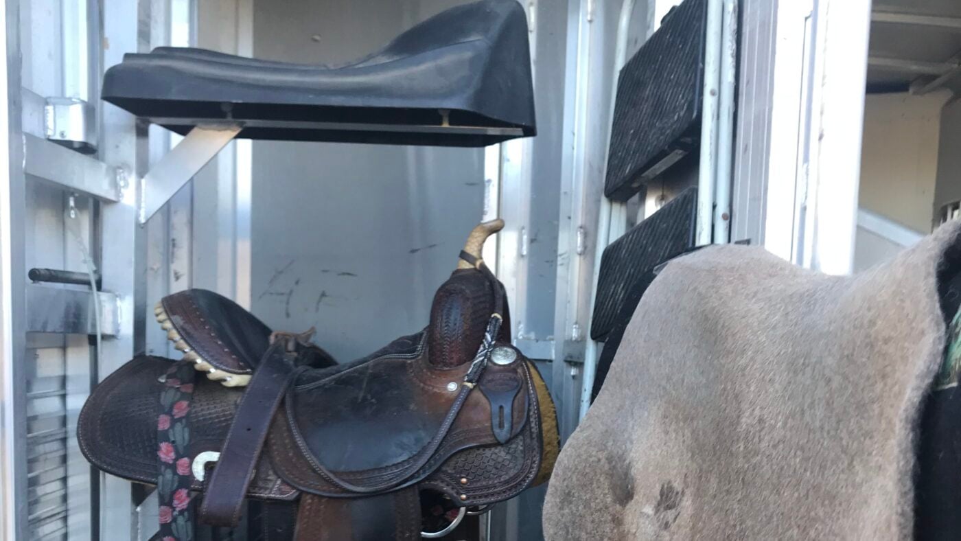 A saddle rack mounted inside a horse trailer tack compartment